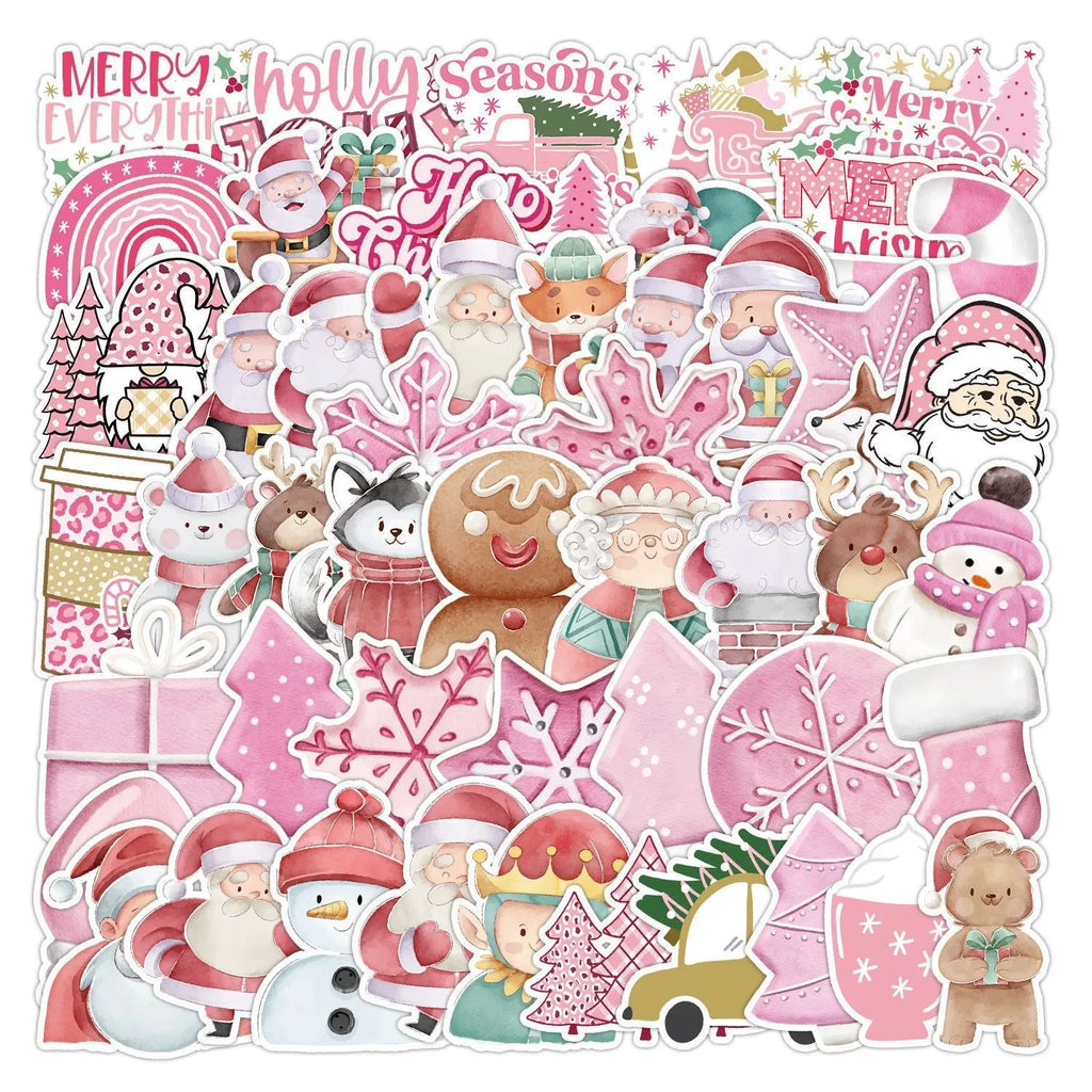 Pack of 50 cute Christmas themed waterproof stickers in sizes from 4cm to 8cm.