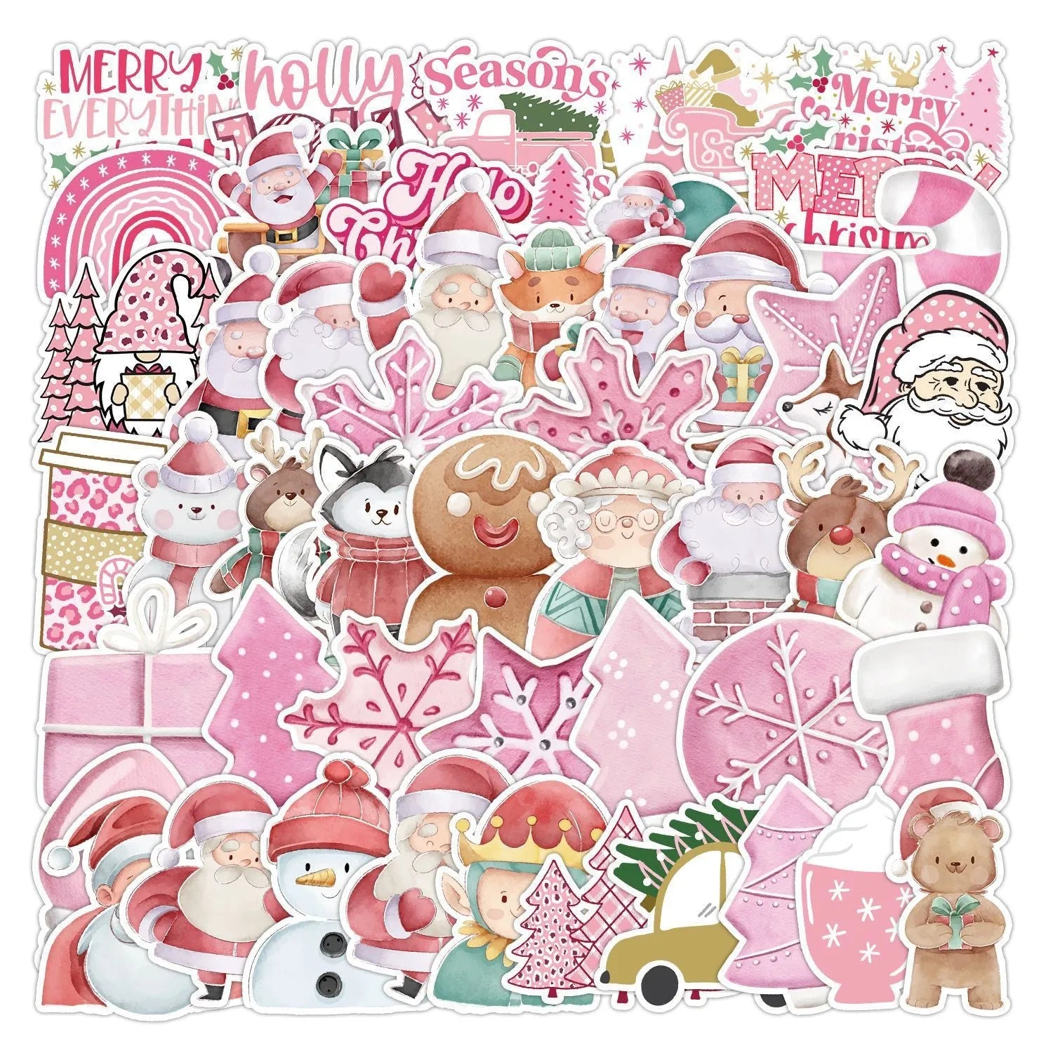 Pack of 50 cute Christmas themed waterproof stickers in sizes from 4cm to 8cm.