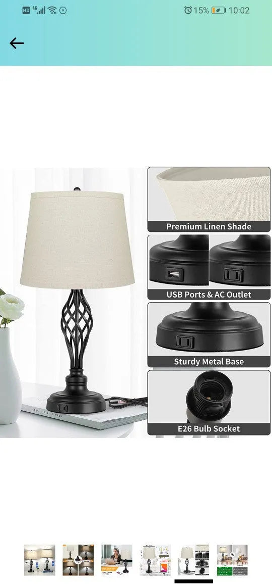 Contemporary European style alloy bedside lamp with touch controls and USB charging socket