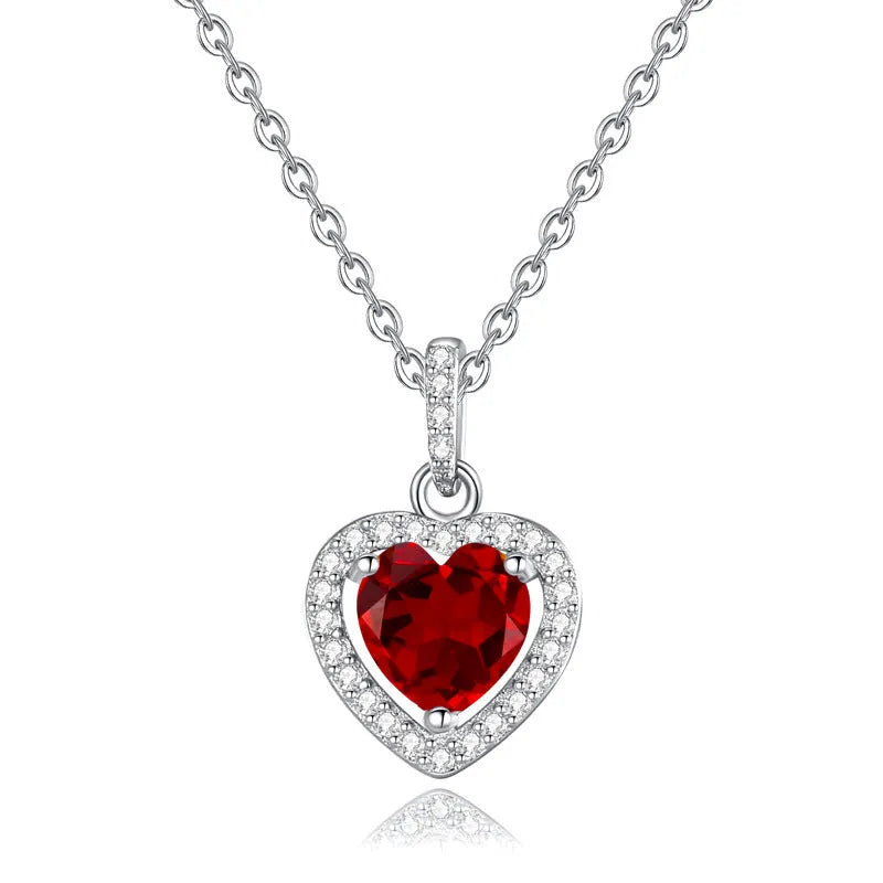 S925 sterling silver heart necklace with natural gemstone pendant on an adjustable cross chain.