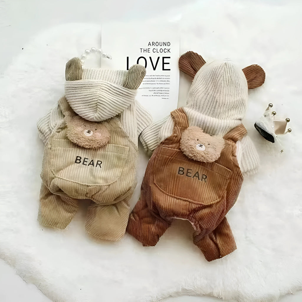 Fleece-lined pet dog overalls in milk coffee bear style for small medium dogs