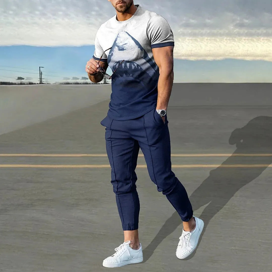 Man wearing a solid-colour short-sleeve top and matching trousers from a polyester sports set.