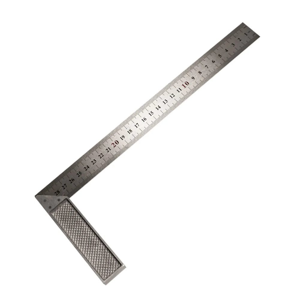 Red metal combination angle ruler showing dual-sided metric and imperial graduation scales.