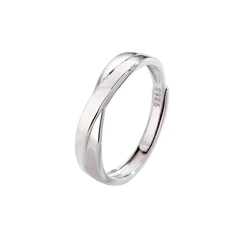 S925 sterling silver Mobius strip interwoven double knot adjustable couple ring on finger showing geometric infinity design