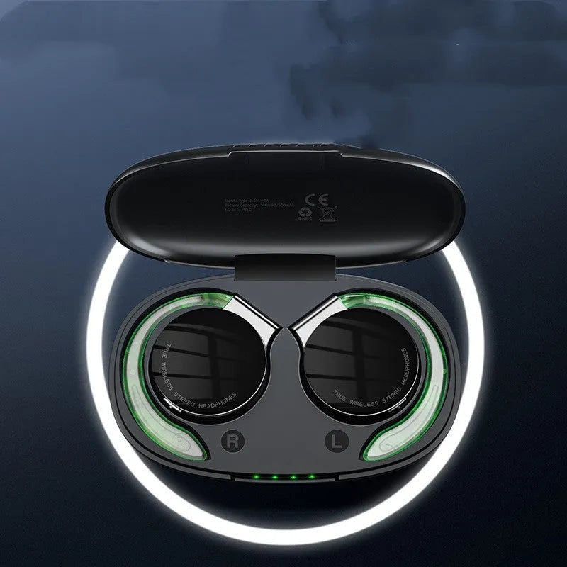 Black and white sports wireless Bluetooth earphones with bilateral stereo ear plug design.