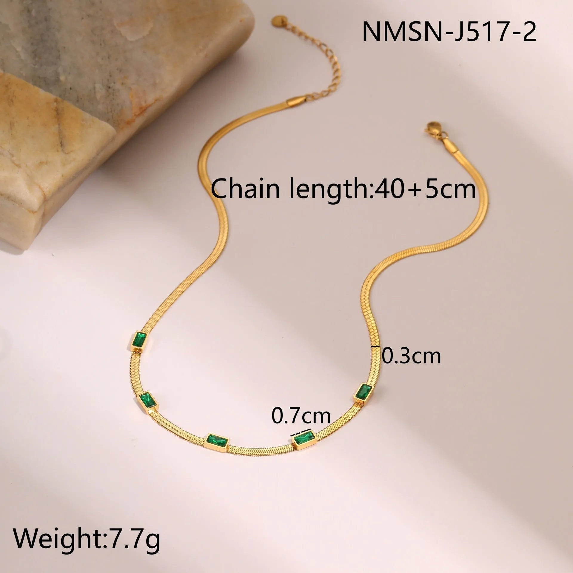Geometric square zircon stainless steel necklace with flat snake chain in gold or steel colour