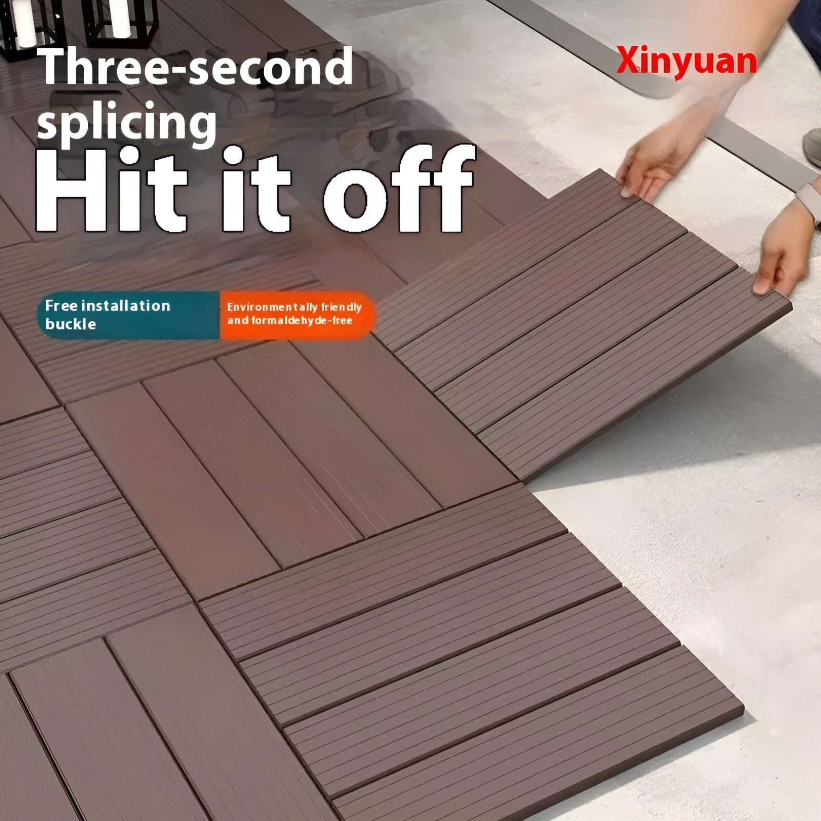 Pack of ten interlocking wood grain plastic floor tiles showing non-slip textured surface.