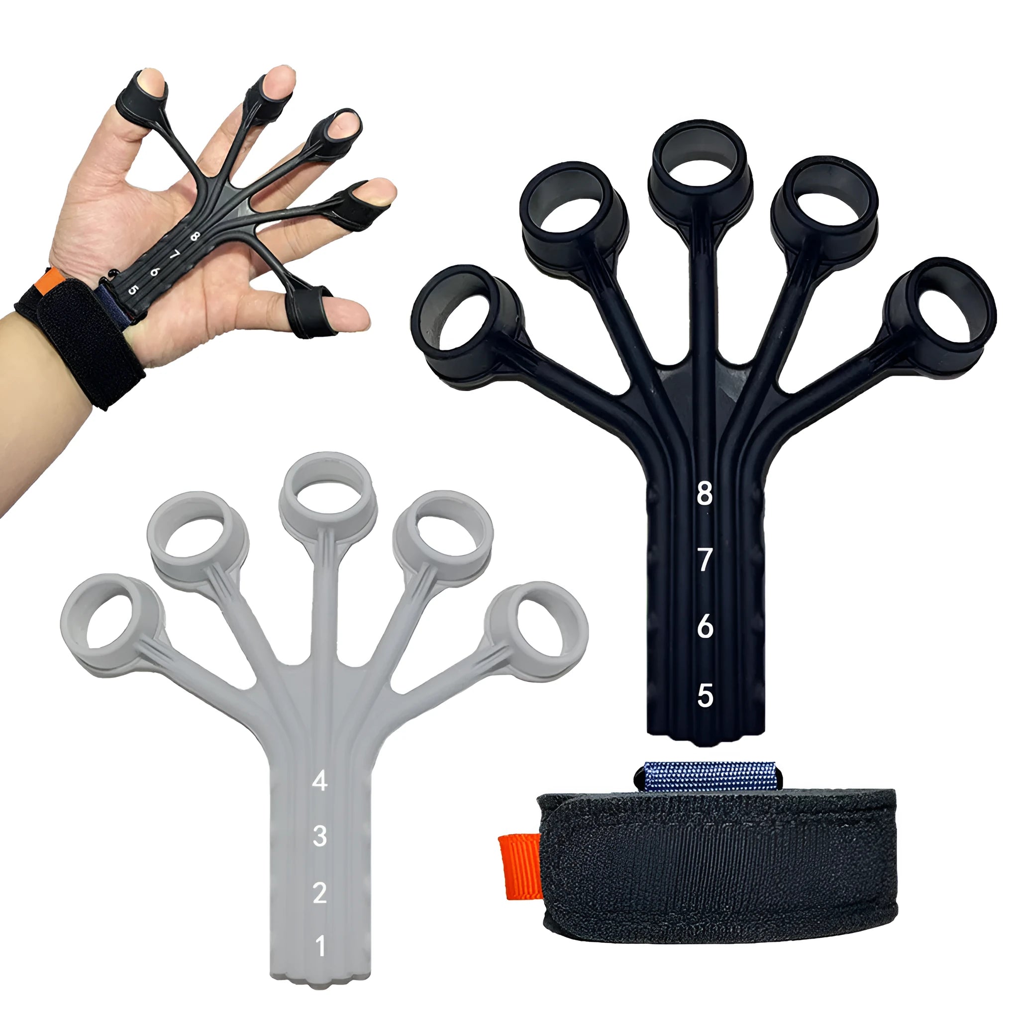 Black silicone finger flexion and extension trainer with adjusting belt for hand therapy