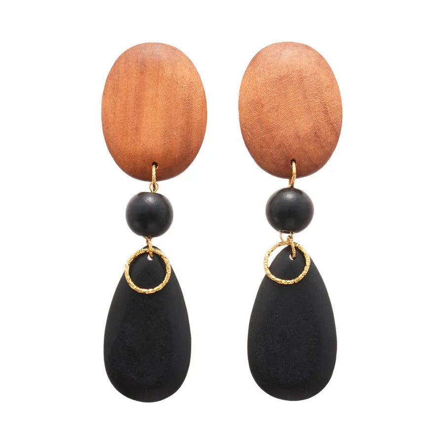 Manual wooden retro earrings with ellipse design in silver brown black colour