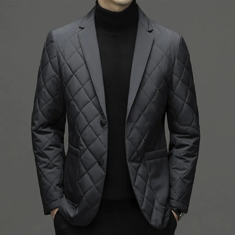 Men's solid colour lapel down jacket in cardigan style with side seam pockets.