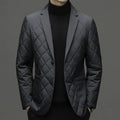 Men's solid colour lapel down jacket in cardigan style with side seam pockets.