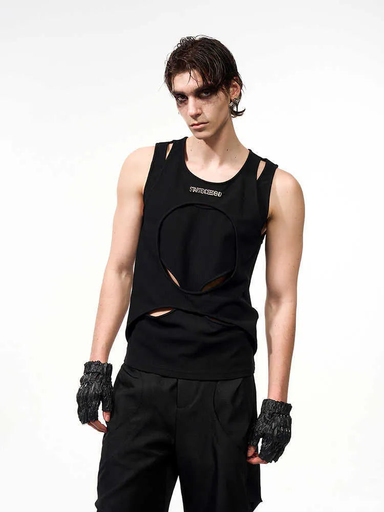 Men's sleeveless waistcoat vest in black or white with round neck and hollow thread construction