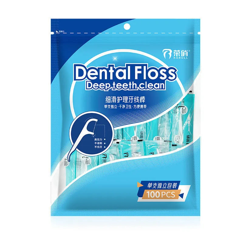 Plastic dental floss dispenser bag with 180x238mm dimensions containing multiple floss pieces
