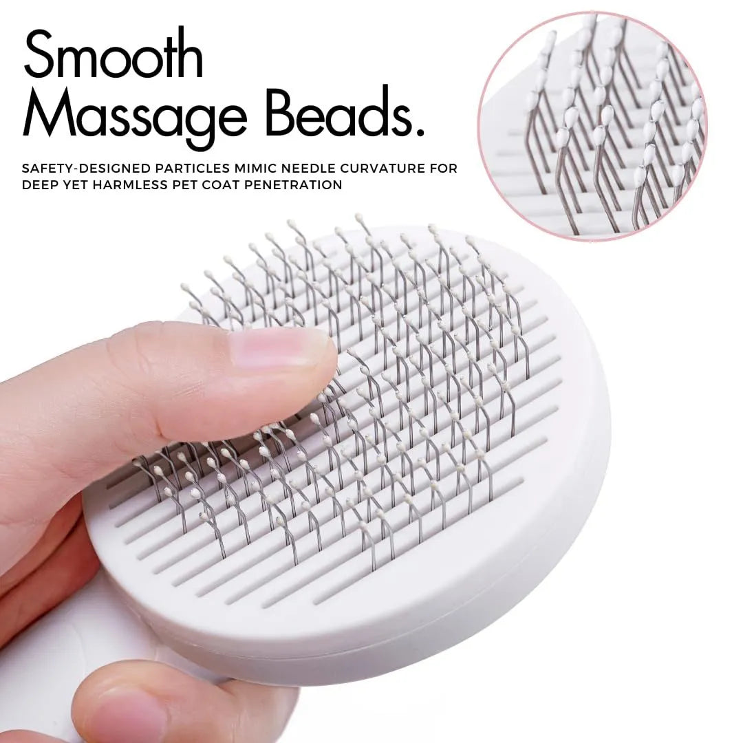 Blue self-cleaning pet grooming brush with rubber handle and stainless steel pins on a white background.