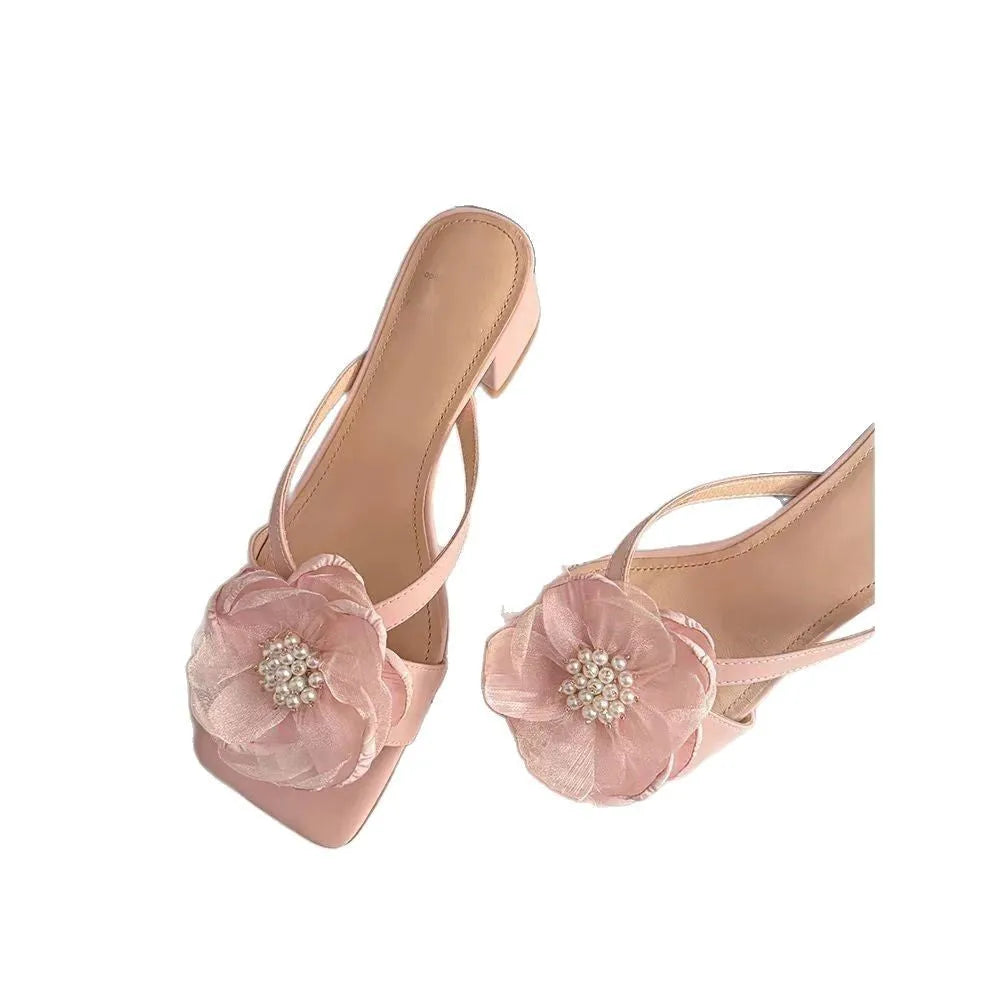 Women's Korean-style sandals with chunky heel, square toe, and satin upper in cream-white colour