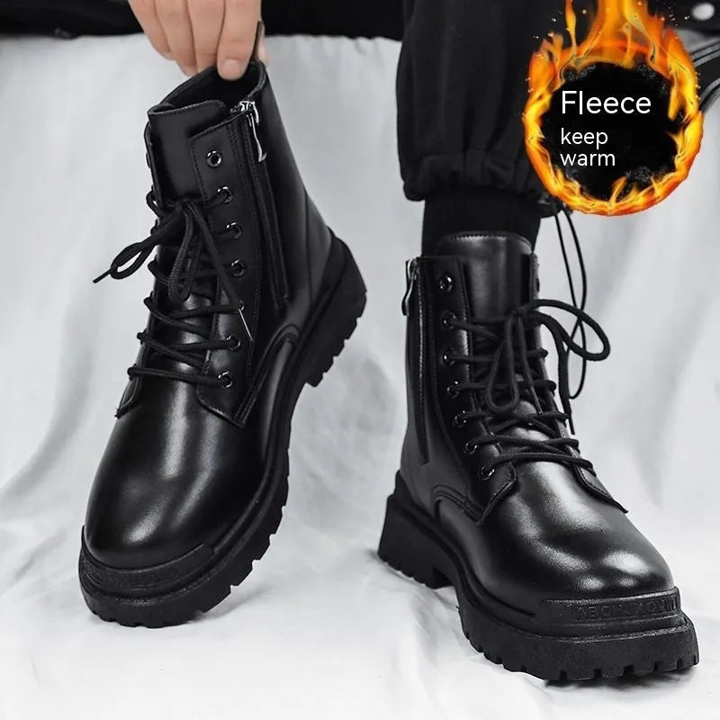 Men's black mid-top waterproof Martin boots with a rubber sole on a white background.