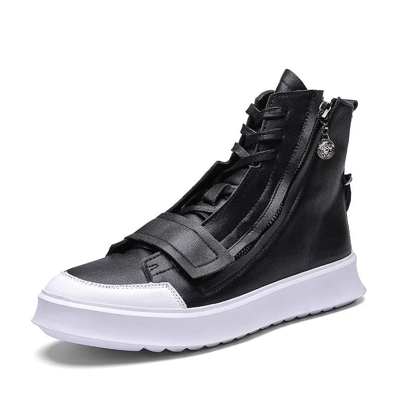 Black and white PU leather men's winter ankle boots in high-top sneaker style with size chart showing measurements from 24.0cm to 26.5cm