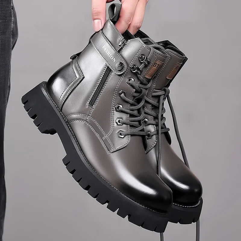 Men's light brown high-top Martin boots with side zipper and thick rubber sole