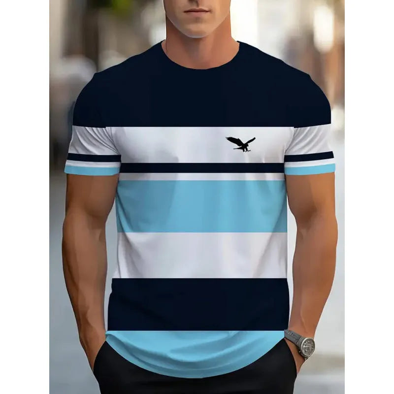 Man wearing a loose-fit short sleeve t-shirt with a raised digital 3D printed stripe pattern in blue.