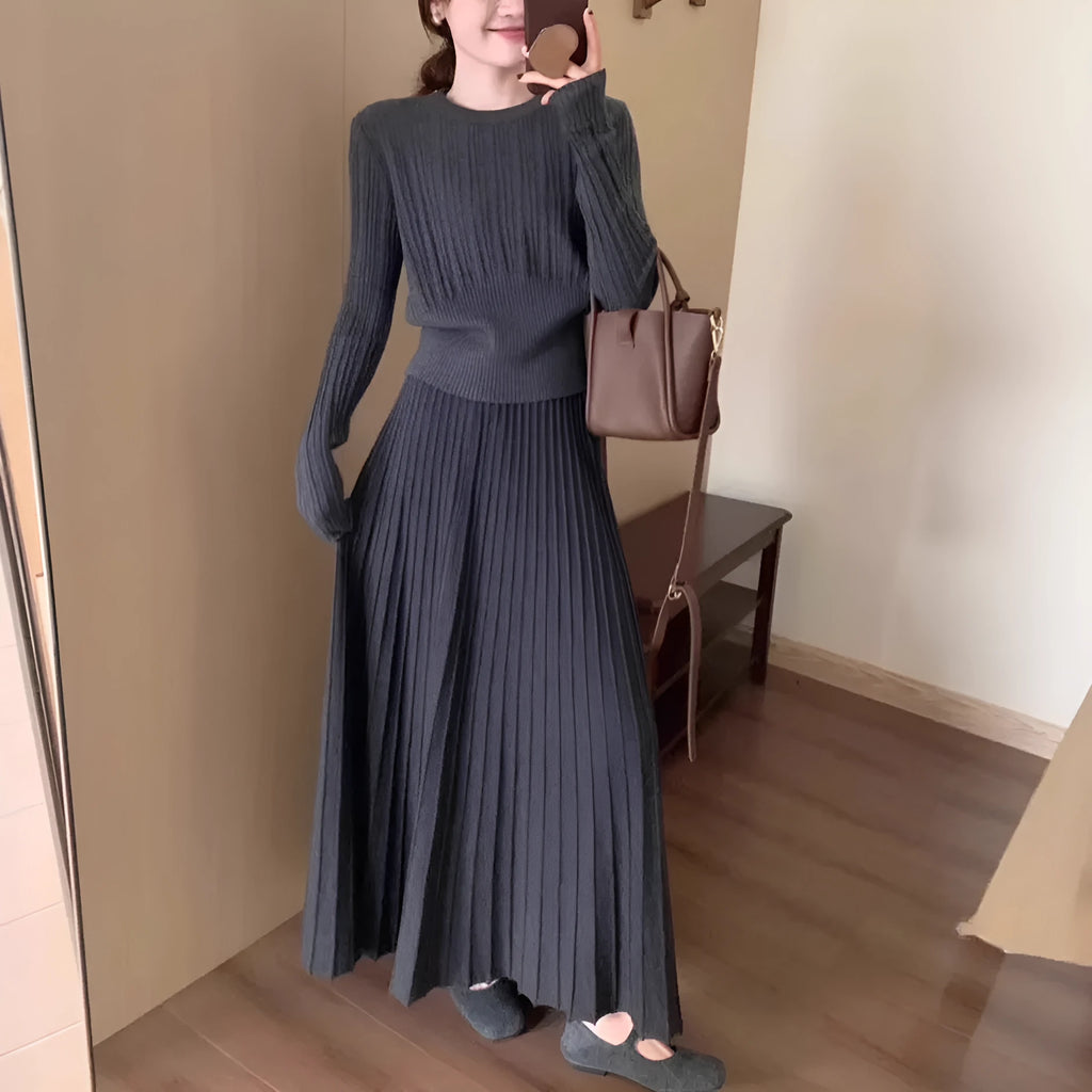 Women's knitted long dress suit set with 3D pattern in dark grey ethnic style