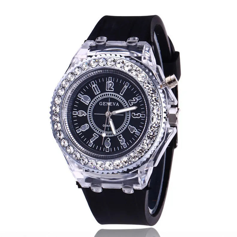 Women's LED luminous quartz watch with round 43mm alloy case and coloured silicone strap