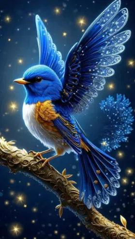 Handmade DIY Blue Bird diamond painting kit with acrylic rhinestones and internal frame, 60x100 cm.