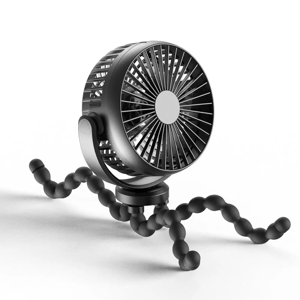 HOMEFISH F2 handheld fan with automatic shaking head, LED light, and removable bracket on a table.
