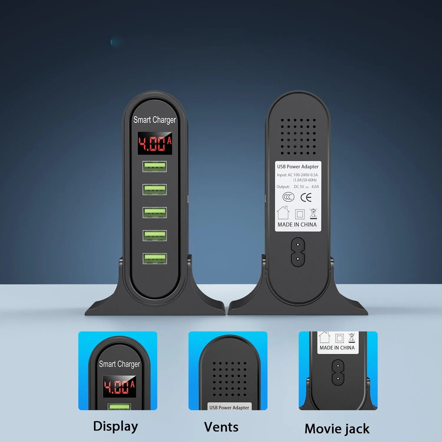 Smart LED digital display USB charger showing voltage and amperage with black or white colour options