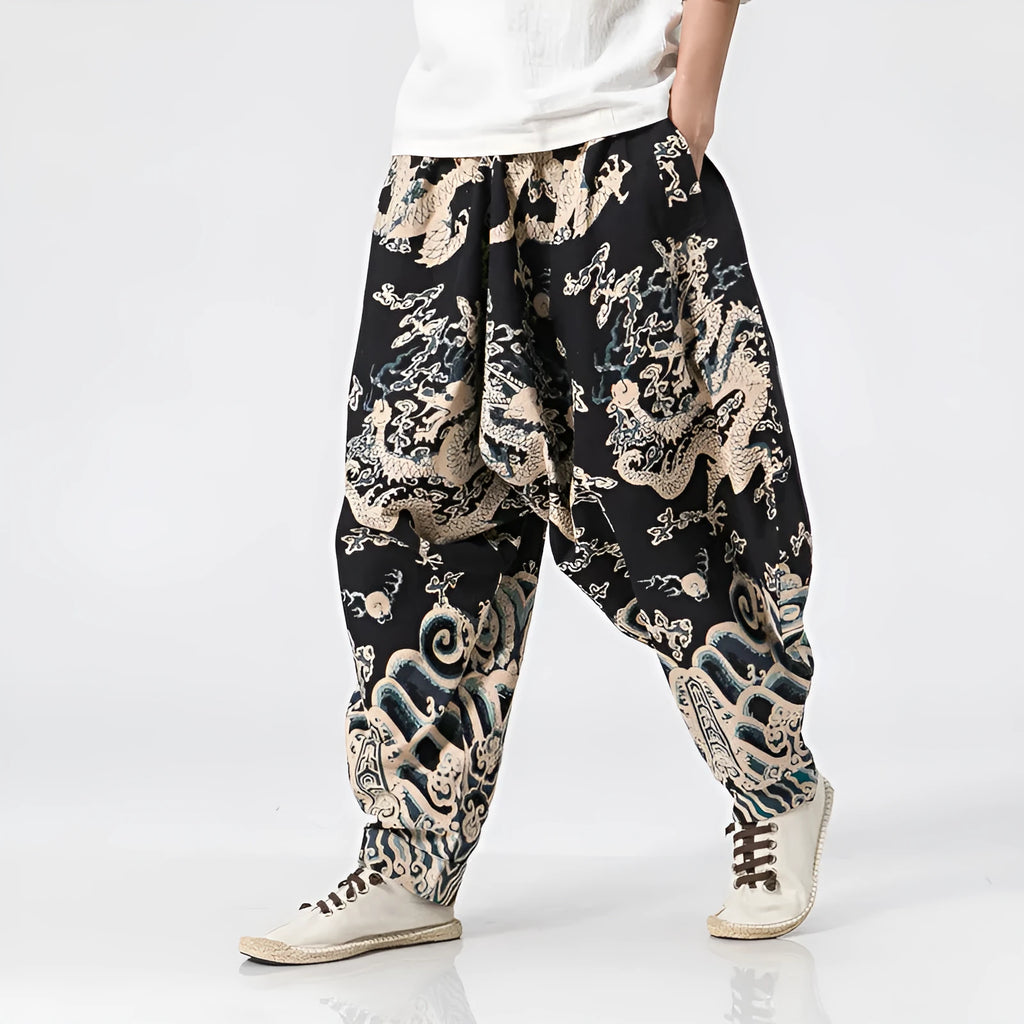 Men's dragon print harem pants with elastic waist and loose fit in multiple sizes from M to 3XL