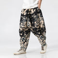 Men's dragon print harem pants with elastic waist and loose fit in multiple sizes from M to 3XL