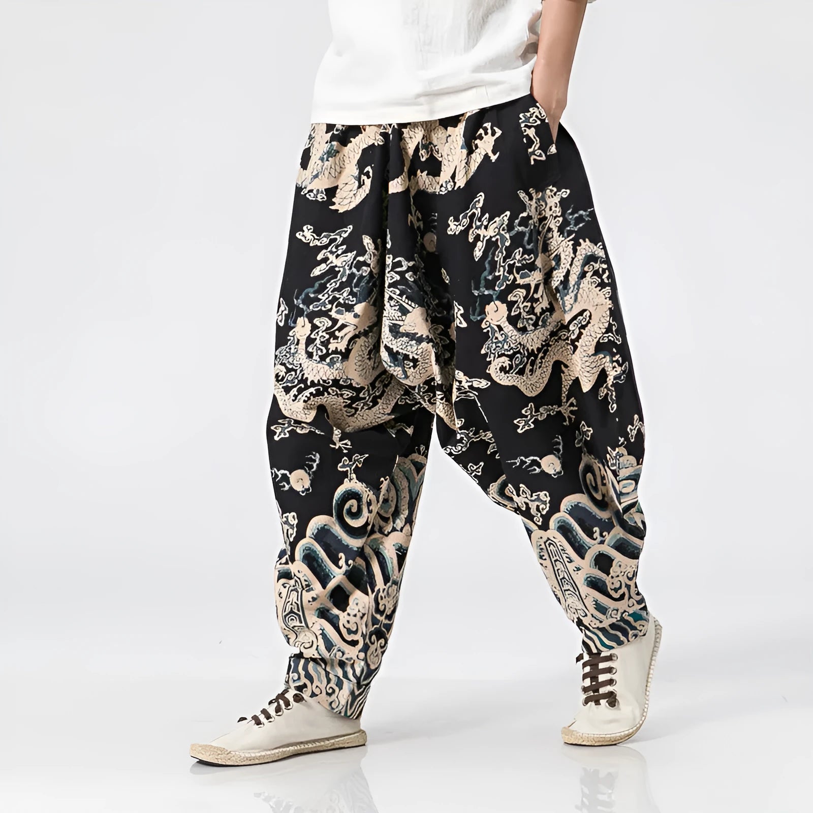 Men's dragon print harem pants with elastic waist and loose fit in multiple sizes from M to 3XL