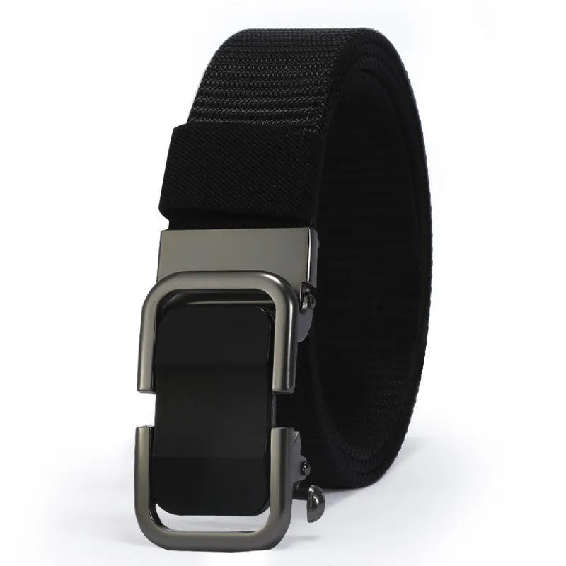 Men's nylon canvas belt in army green with an alloy buckle, laid flat showing 120cm length.