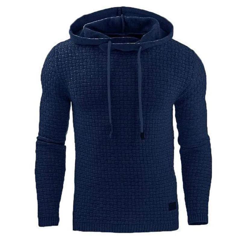 Men's black hoodie sweater made from cotton and polyester blend fabric.