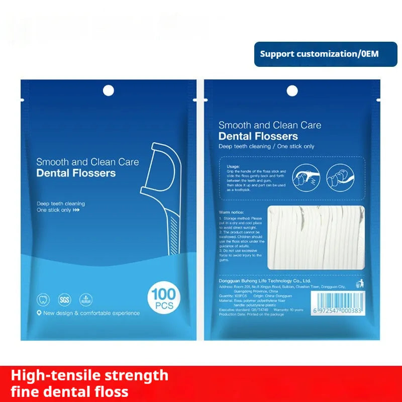 Plastic dental floss dispenser bag with 180x238mm dimensions containing multiple floss pieces
