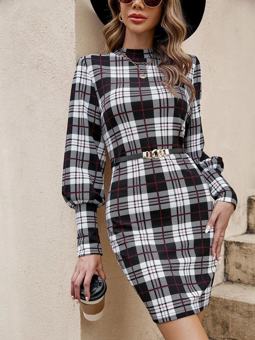Black tight midi dress with lantern sleeves and leather-stitch detailing