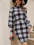 Black tight midi dress with lantern sleeves and leather-stitch detailing