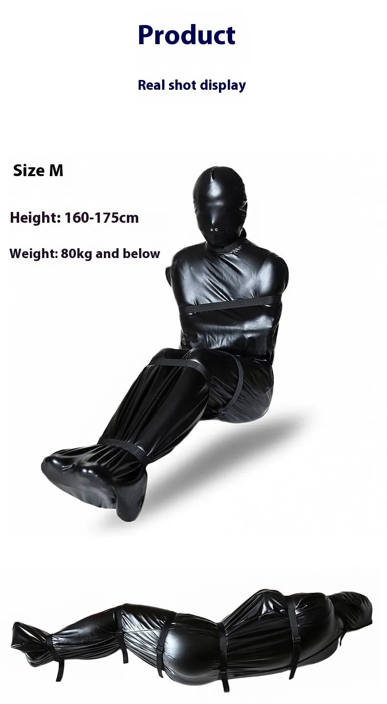 Black patent leather bondage kit showing body wrap garment and six ratchet tie-down straps