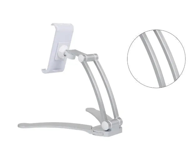 Silver aluminium alloy adjustable desktop stand holding a tablet, showing 360-degree rotation and mounting hardware.