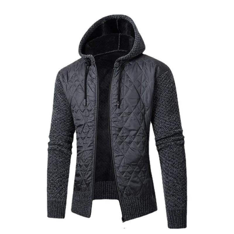 Men's grey hooded corduroy sweater coat with a cinched waist on a model.