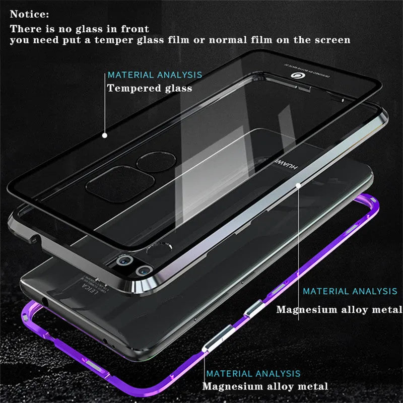 Black magnetic metal phone case with tempered glass back for Huawei P30 phone