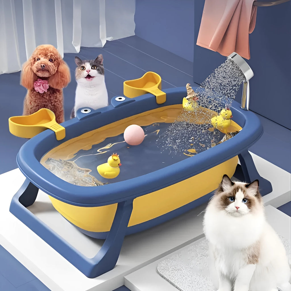 Blue foldable portable pet bath tub for small dogs and cats under 20 pounds