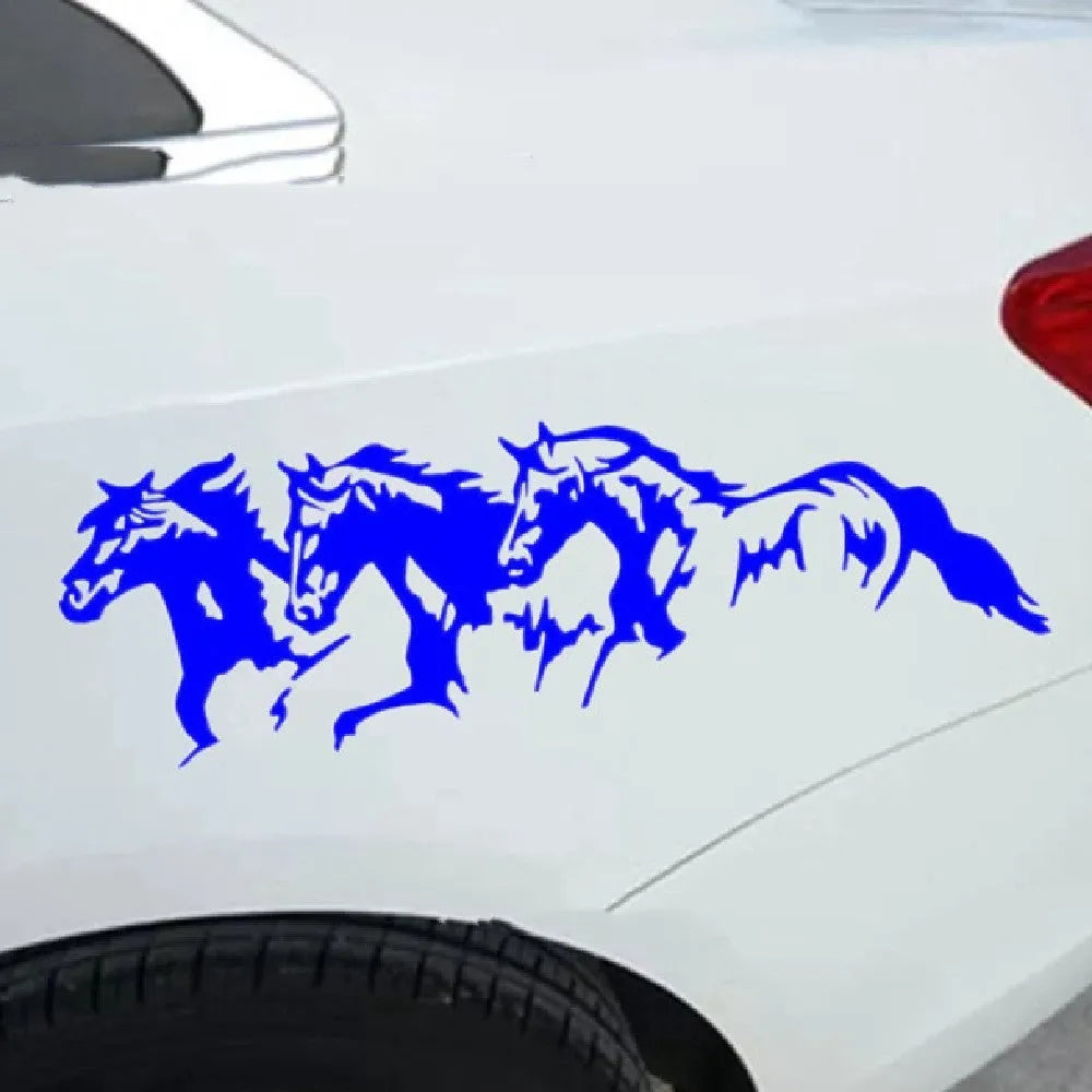 Galloping horse design car body sticker decal in black, white, red, or blue, measuring 25 by 8 centimetres.
