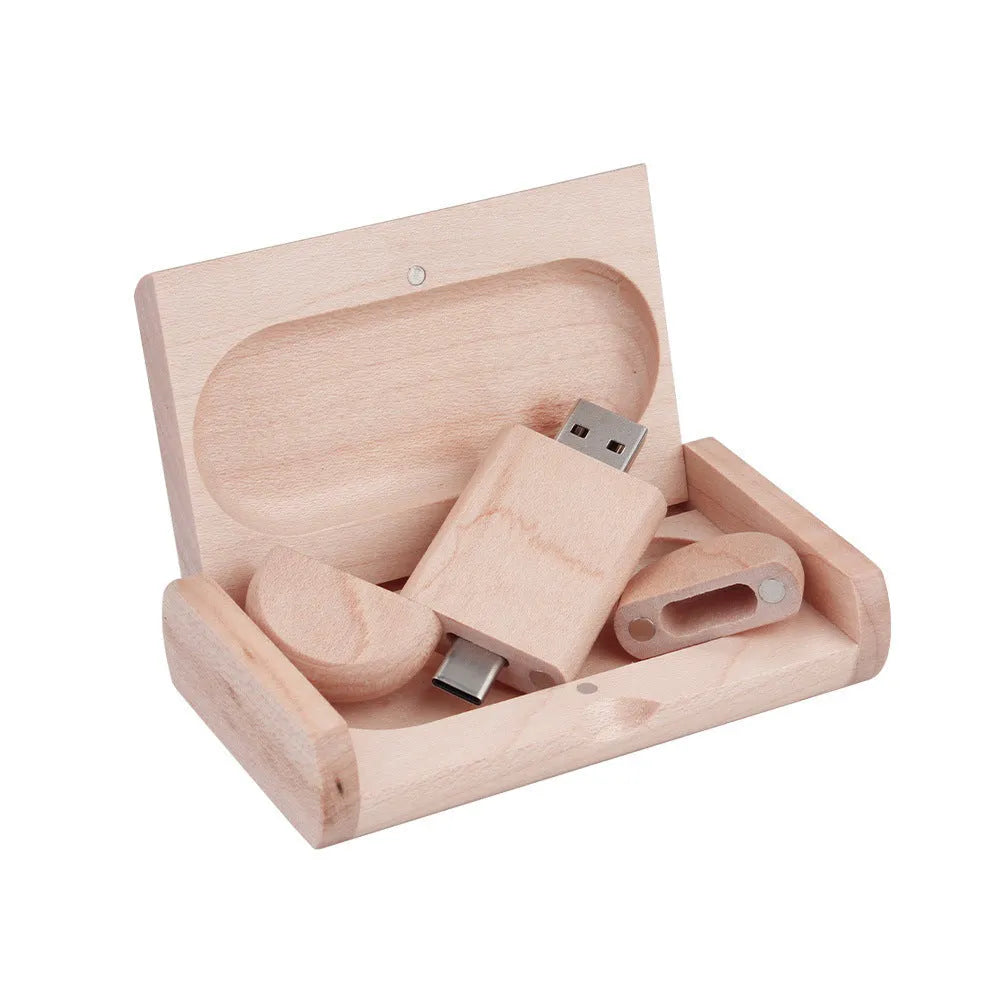 Wooden USB flash drive with carved maple box and USB-C connector for mobile phones