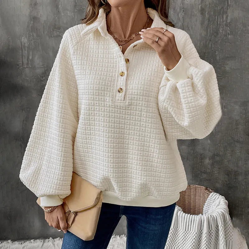 Women's beige thickened polyester sweater with a polo collar and long sleeves.