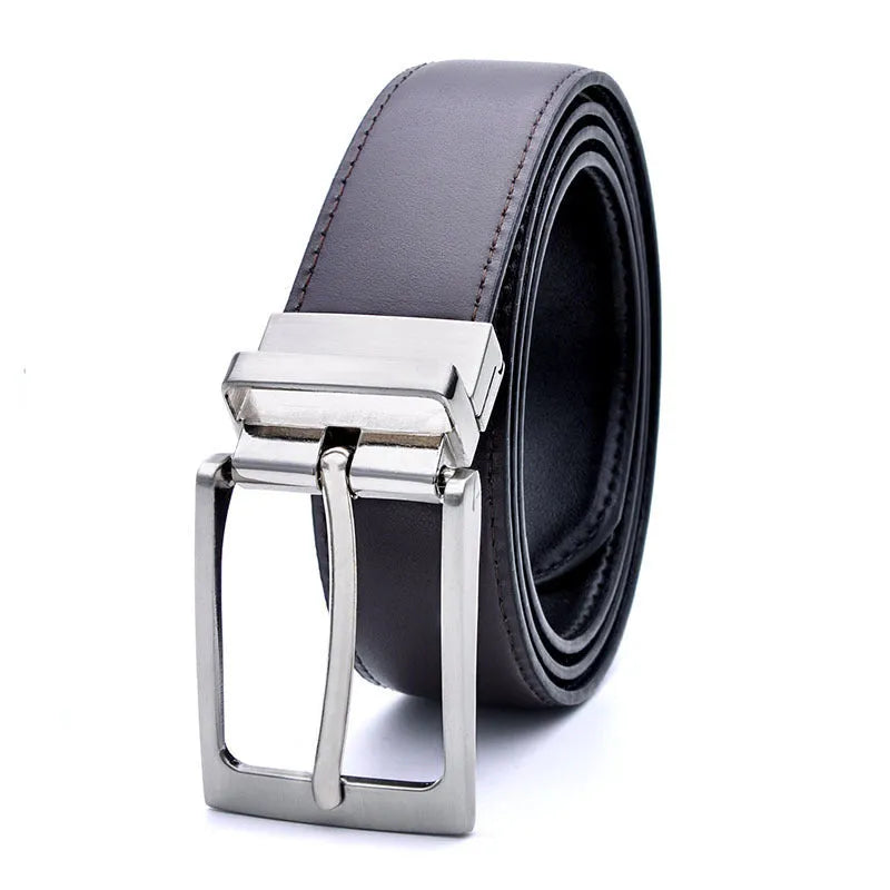 Men's rotating pin buckle leather belt in dark brown with genuine leather strap