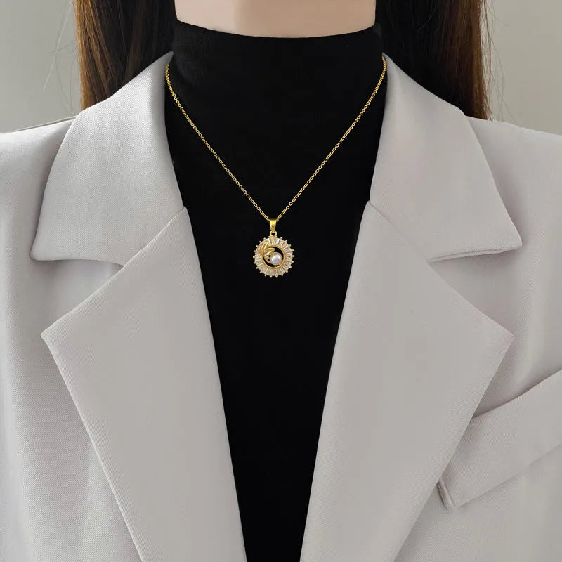 Titanium steel women's jewellery set with geometric copper pendant necklace and matching stud earrings