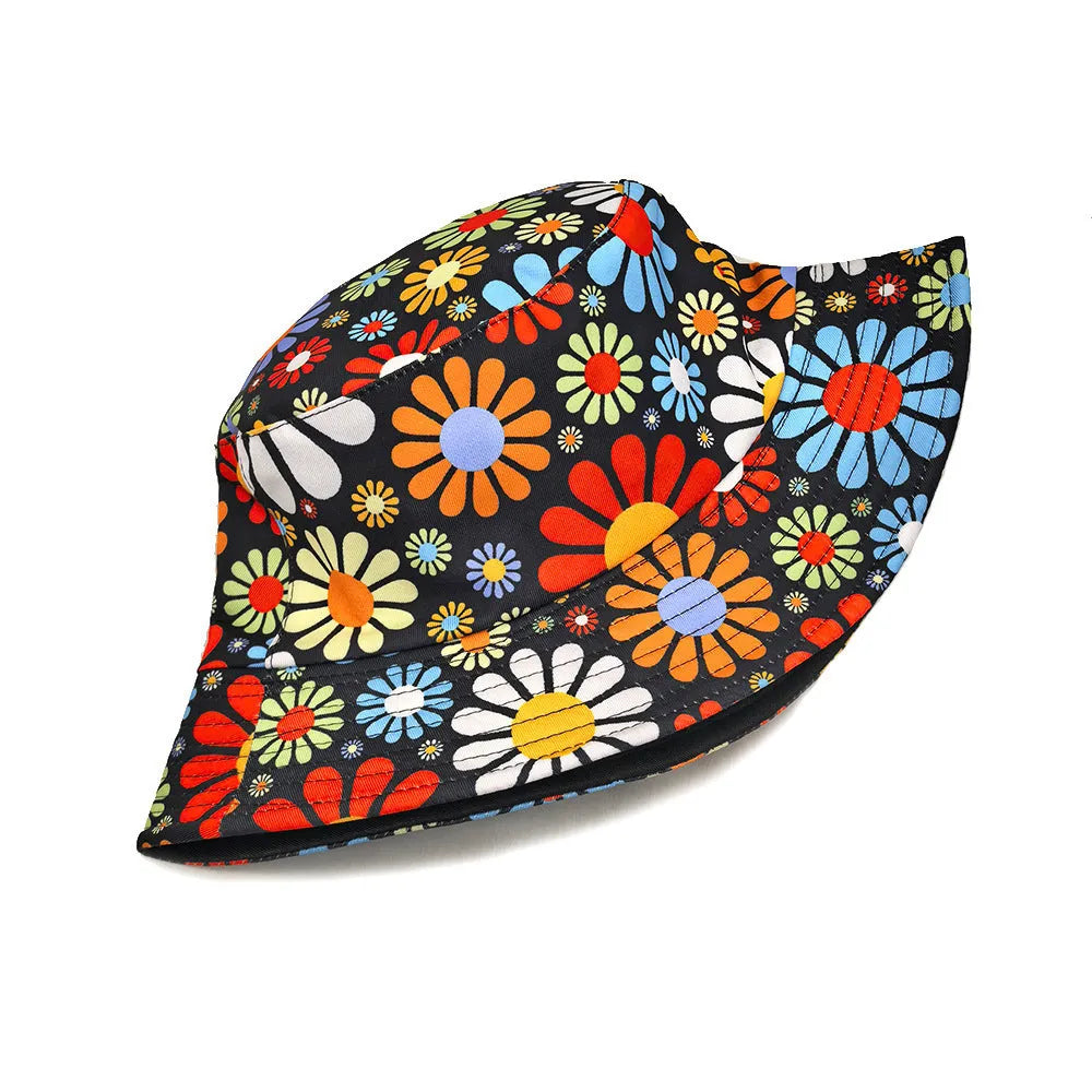 Floral print polyester bucket hat with dome crown in medium size 56-58cm