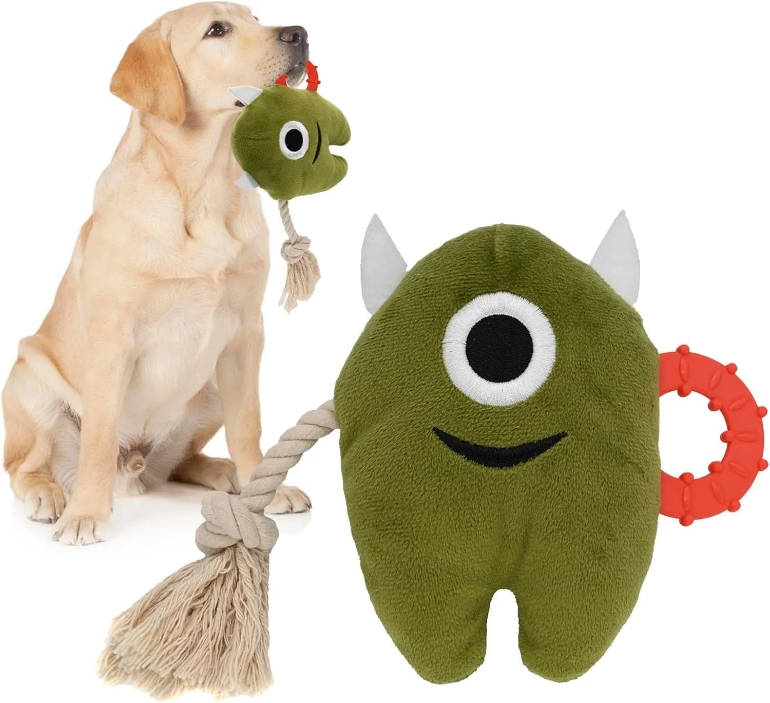 Large blue and green monster plush dog toy with integrated cotton rope sections for chewing and tug of war