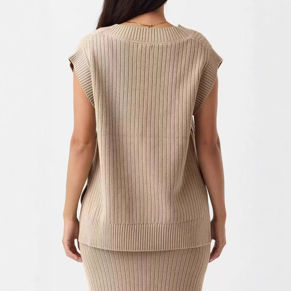 Camel coloured V-neck sleeveless pullover vest with striped pattern and loose fit