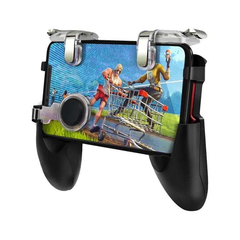 Black mobile phone gamepad handle showing physical buttons and plug-in connection